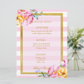 Roze Stripes Gold Lijst Flower Wedding Menu (Staand voorkant)