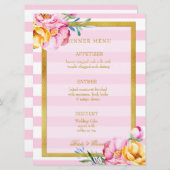 Roze Stripes Gold Lijst Flower Wedding Menu (Voorkant / Achterkant)
