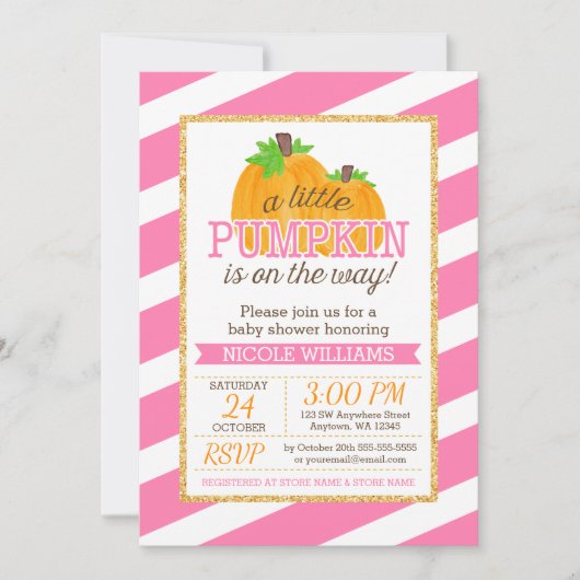Roze stripes Gold Little Pumpkin Herfst Baby showe Kaart (Voorkant)