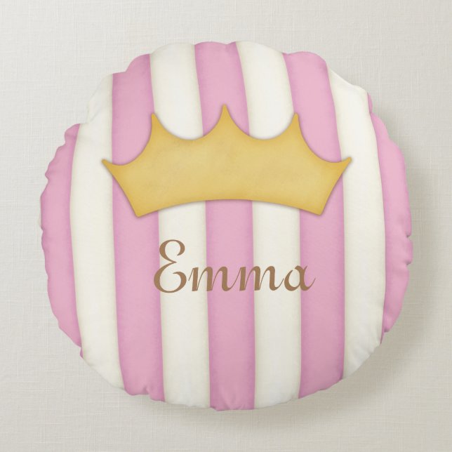 Roze Stripes Name Personalized Crowned Princess Rond Kussen (Voorkant)