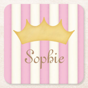 Roze Stripes Persoonlijke benaming Princess Crown Vierkante Kartonnen Onderzetter