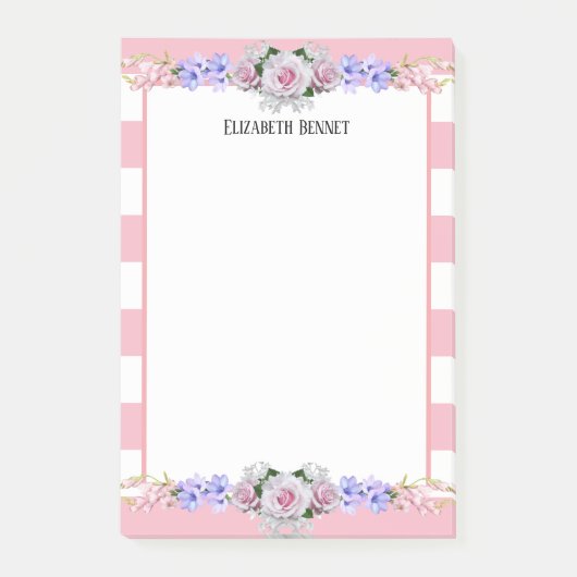 Roze stripes Roos, gepersonaliseerde Floral Post-i Post-it® Notes (Voorkant)