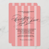 Roze Stripes Vlourish Script Wedding Invitation Kaart (Voorkant / Achterkant)