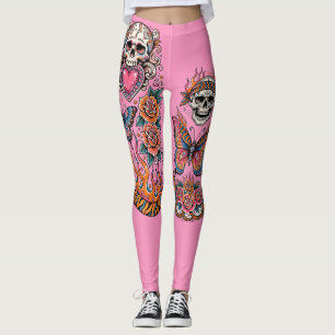 Roze Suiker Schedel, Oude School Tattoo Leggings