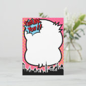 Roze superheld stripverhaal bedankkaart (Staand voorkant)