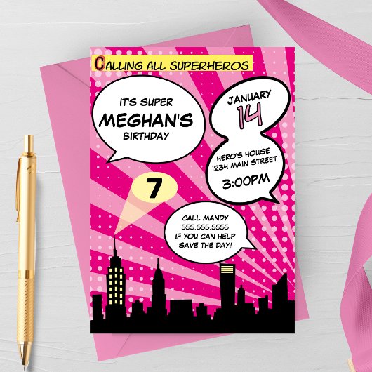 Roze Superhelden Comic Book Styled Birthday Party Kaart