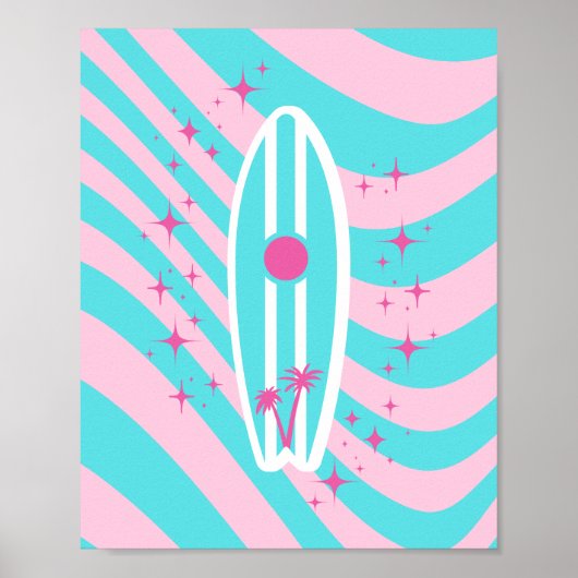 Roze surfplank, strandkunst, tropische vibes, prep poster (Voorkant)