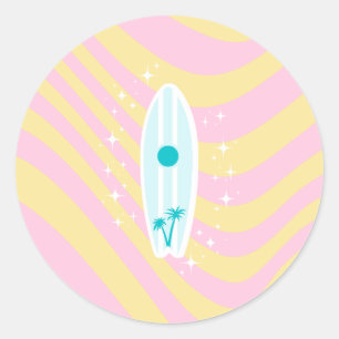 Roze surfplank, strandkunst, tropische vibes, prep ronde sticker