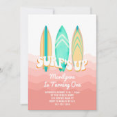 Roze Surfs Up Surfboard 1e Verjaardag Kaart (Voorkant)