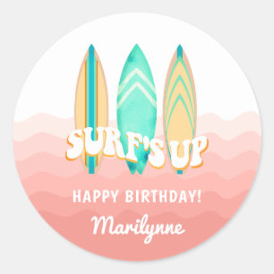Roze Surfs Up Surfboard Verjaardagssticker Ronde Sticker