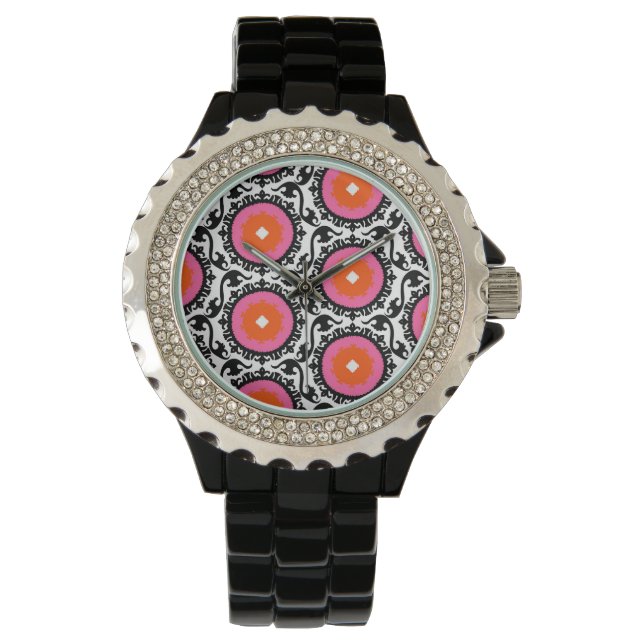 Roze Suzani Pattern Horloge (Voorkant)