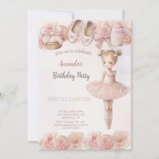 Roze Sweet Ballerina Birthday Uitnodiging (Voorkant)