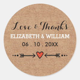 Roze Sweethearts & Arrows Burlap Liefde en Bedankt Ronde Sticker