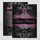 Roze Swirl Damask Sweet16 Verjaardag Uitnodigen Kaart (Voorkant / Achterkant)