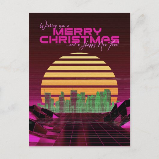 Roze Synthwave Kerstmis Feestdagenkaart (Voorkant)