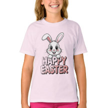 Roze T-shirt Gelukkig Pasen Witte Konijn