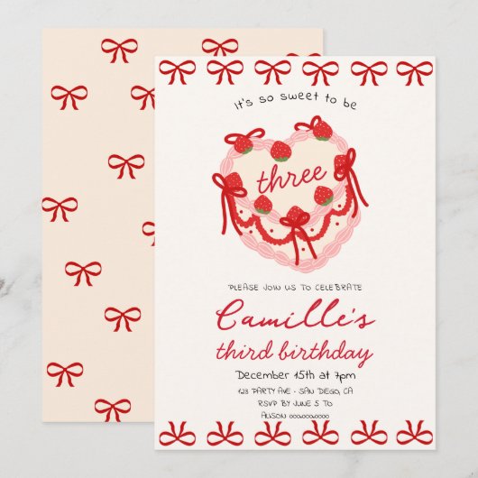 Roze Taart & Rode boog Verjaardag Uitnodiging (Voorkant / Achterkant)