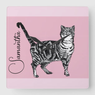 Roze Tabby Kat Katten Roze Meisjesnaam Nursery Vierkante Klok