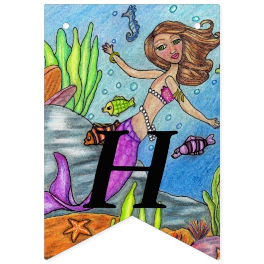  Roze Tailed Verjaardag Zeemeermin in Oceaan Vlaggetjes (Eerste vlag)