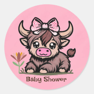 Roze Tan Highland Koe Meisje Baby shower Ronde Sticker
