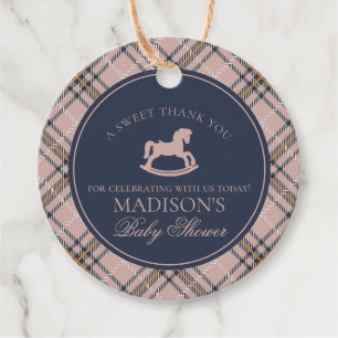 Roze tartan geruite schommelpaard babyshower kring bedankjes labels