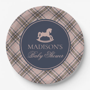 Roze tartan geruite schommelpaard babyshower papieren bordje