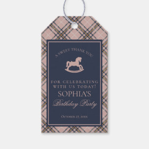 Roze tartan geruite schommelpaard verjaardagsfeest cadeaulabel