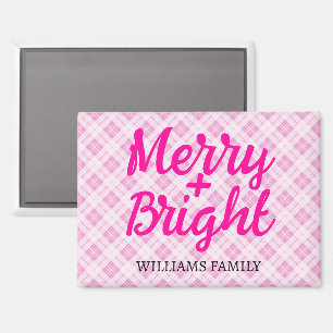 Roze tartan Kerstmis Merry Bright Familienaam Magneet