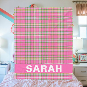 Roze Tartan Plaid Custom Naam Fleece Dekbed Deken