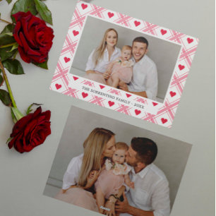 Roze Tartan Rode Hart 2 foto familie valentijnsdag Feestdagenkaart