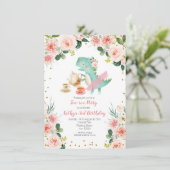 Roze Tea Party Dinosaur 3rd Birthday Uitnodiging (Staand voorkant)