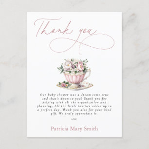 Roze Tea Party Meisje Baby shower Bedankt Briefkaart