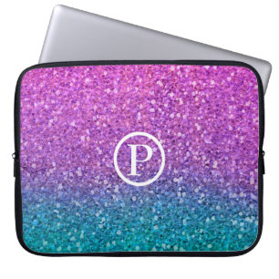 Roze Teal Aqua Blauwe & Paarse Glitter Glanzend Laptop Sleeve