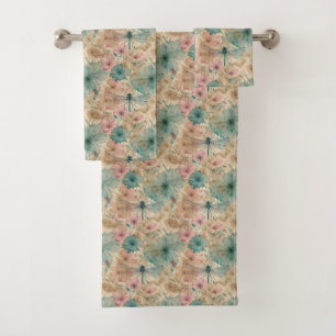 Roze Teal Beige Aquarel Bloemen Libel Bad Handdoek