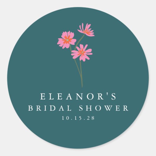 Roze Teal Groene Bloemen Boho Aangepaste Bruiloft Ronde Sticker (Voorkant)