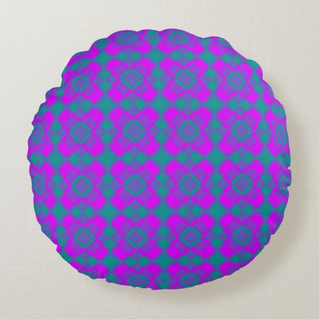 Roze Teal Paarse Geruite Argyle Patroon Rond Kussen (Voorkant)