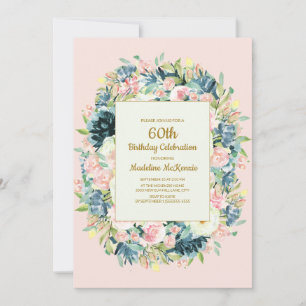 Roze Teal Vintage Bloemige Vrouwen 60e Verjaardag Kaart