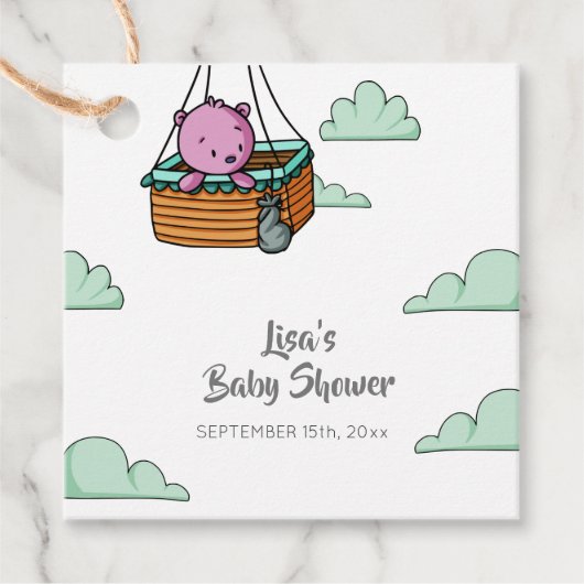 Roze Teddy Bear Ballonmand Baby shower Bedankjes Labels (Voorkant)