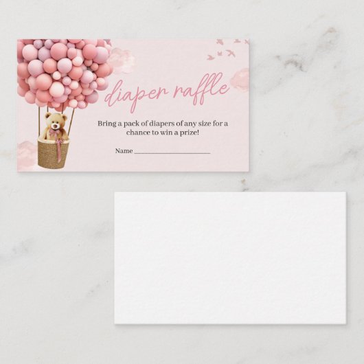 Roze Teddy Bear Balloon Baby shower Luier Raffle Informatiekaartje (Voorkant / Achterkant)