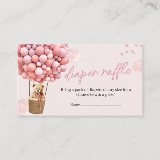 Roze Teddy Bear Balloon Baby shower Luier Raffle Informatiekaartje (Voorkant)