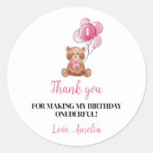 Roze Teddy Bear Balloon Eerste Verjaardag Sticker (Voorkant)