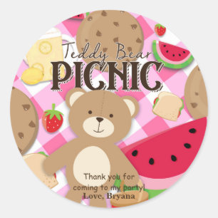 Roze Teddy Bear Picknick Verjaardagsfeestje Favor  Ronde Sticker