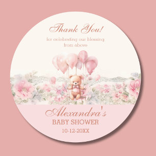 Roze Teddy Meisje Christelijke Baby Shower Bedankt Ronde Sticker