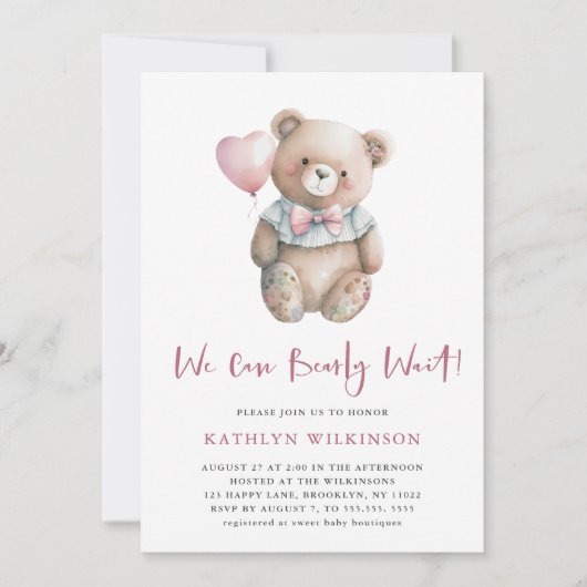 Roze Teddy We kunnen Barly Wachten Meisje Baby sho Kaart (Voorkant)