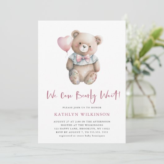 Roze Teddy We kunnen Barly Wachten Meisje Baby sho Kaart (Staand voorkant)