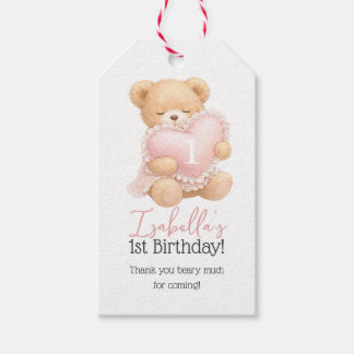 Roze teddybeer 1e verjaardag bedankt cadeaulabel