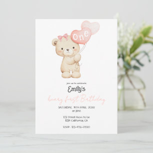 Roze Teddybeer 1e verjaardagsfeestje voor babymeis Kaart