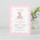 Roze teddybeer Baby shower meisje uitnodiging (Staand voorkant)