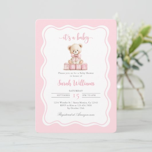 Roze teddybeer Baby shower meisje uitnodiging (Staand voorkant)