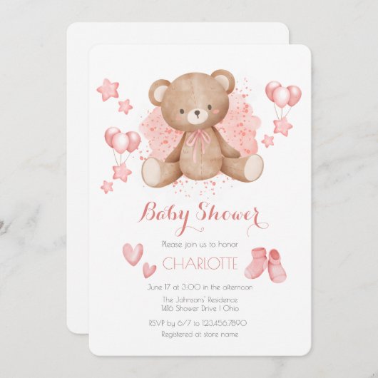 Roze Teddybeer Baby Shower Uitnodiging (Voorkant / Achterkant)